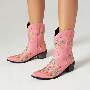 Pink Embroidered Chunky Heel Boots