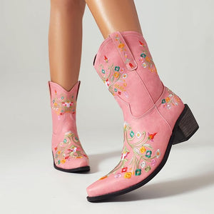 Pink Embroidered Chunky Heel Boots