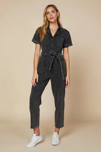 Black Short Sleeve Washed Utility Jumpsuit – Aquarius Brand