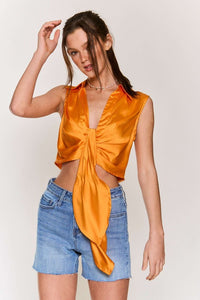 Orange Satin Sleeveless Ruched Center Button Crop Top