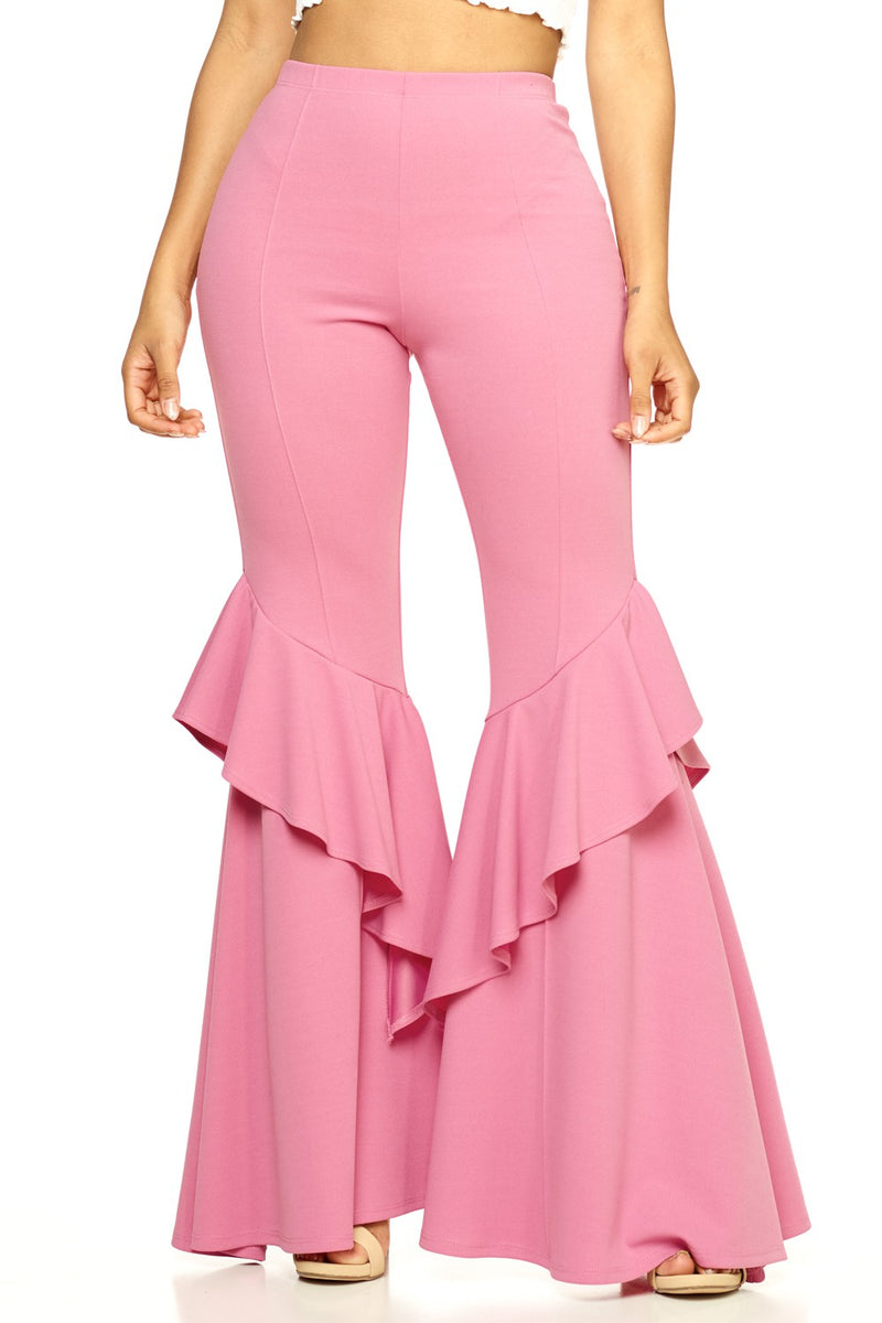 Pink Flare Pants With Ruffle