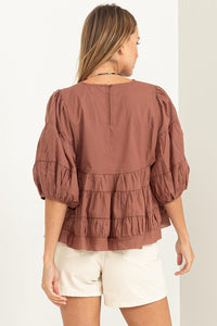 Brown Simply Beautiful Elbow Sleeve Tiered Top