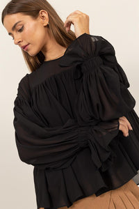 Black Flowy Blouse With Gathered Cuffs