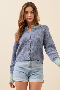 Blue Knit Raglan Sleeve Cardigan With Contrast