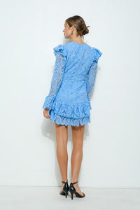 Skyblue Lace Ruffled Long Sleeve Tiered Mini Dress