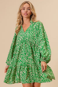 Green/Cream Woven Printed Dress With Side Pocket