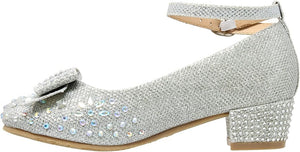 Silver Girl's Dress Shoes Glitter Rhinestone Bow Accent Mary Jane Kids Pumps