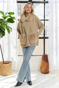 Khaki Faux Fur Accent Zip Up Sweater Coat