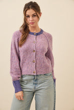 Purple Knit Raglan Sleeve Cardigan With Contrast