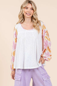 Ivory Combo Tropical Leaf Print Contrast Long Sleeve Top