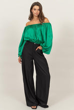 Green Off-Shoulder Satin Balloon Sleeve Top