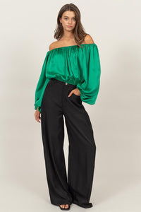 Green Off-Shoulder Satin Balloon Sleeve Top