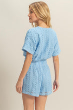 Blue Set-Vneck Crochet Crop Top And Shorts Set