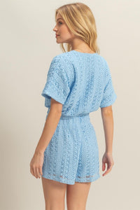 Blue Set-Vneck Crochet Crop Top And Shorts Set