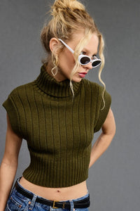 Olive Soft Ribbed High Neck Crop Sweater Top