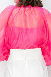 Barbie Pink Sheer Organza Bow Long Sleeve Blouse Top