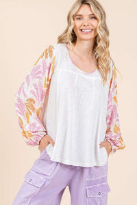 Ivory Combo Tropical Leaf Print Contrast Long Sleeve Top