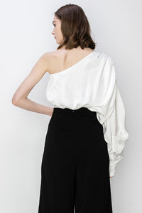 White Satin One Shoulder Shirring Blouse Top