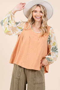 Ginger Combo Tropical Leaf Print Contrast Long Sleeve Top