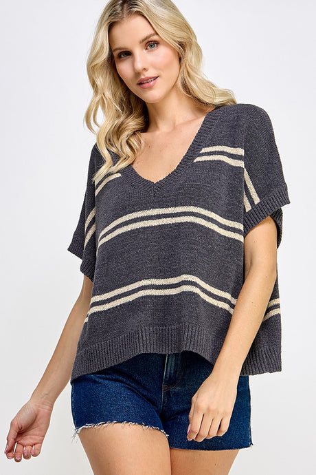 Dark Grey Textured Stripe V-Neck Sweater Top