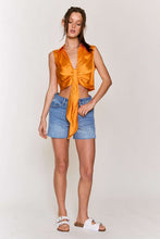 Orange Satin Sleeveless Ruched Center Button Crop Top