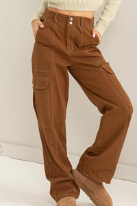 Brown Contrast Stitch Twill Cargo Pants