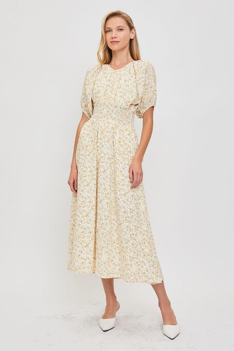 Ivory/Yellow Modest Smocked Floral Dress