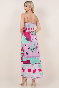 Pink Printed High Waist Strap Dress