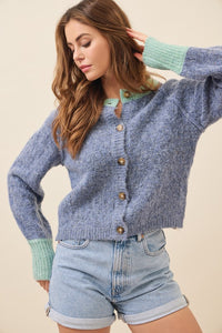 Blue Knit Raglan Sleeve Cardigan With Contrast