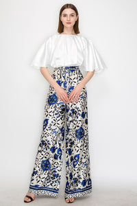 Blue Multi Satin Floral Print High-Waisted Wide Pants