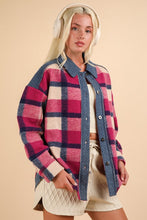 Pink Mix Textured Denim Contrast Plaid Shacket Jacket