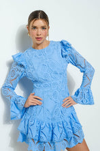 Skyblue Lace Ruffled Long Sleeve Tiered Mini Dress