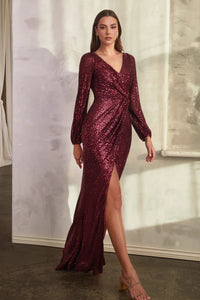 Burgundy Long Sleeve Sequin Dress