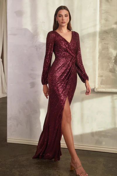 Burgundy Long Sleeve Sequin Dress