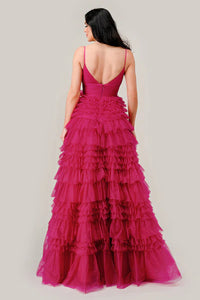 Fuchsia Ruffled Layed Tulle Ball Gown