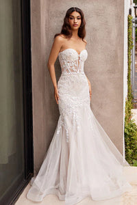 French White Strapless Embellished Mermaid Wedding Dress