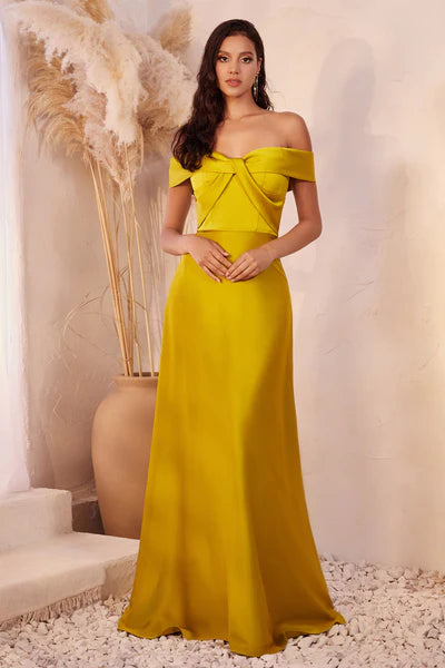 Chartreuse Off The Shoulder A-Line Satin Dress