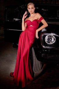 Deep Red Fitted Stretch Satin Gown With Keyhole Detail