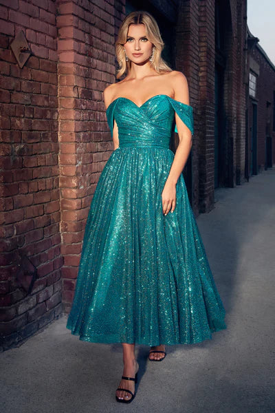 Turq Off The Shoulder Glitter Tea Length Dress