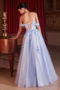 Lt Blue Off The Shoulder Tulle Ball Gown