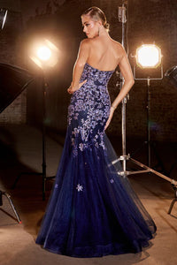 Navy Strapless Embellished Floral Motif Gown