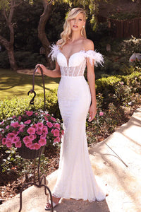 Off White Feathered Off The Shoulder Glimmering Bridal Gown