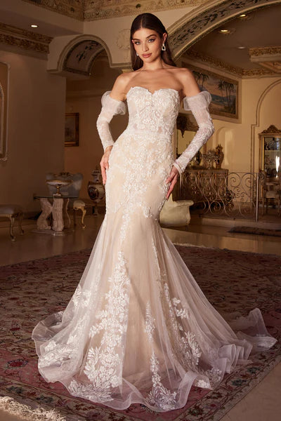 Off White Lace Mermaid Bridal Gown With Removable Sleeves