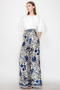 Blue Multi Satin Floral Print High-Waisted Wide Pants