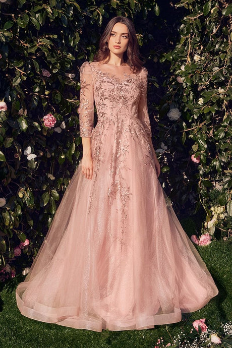 Dusty Rose Three Quarter Sleeve Lace & Tulle Ball Gown