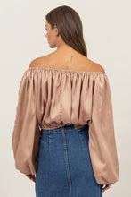 Taupe Off-Shoulder Satin Balloon Sleeve Top