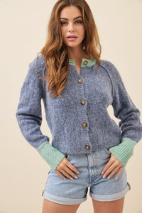 Blue Knit Raglan Sleeve Cardigan With Contrast