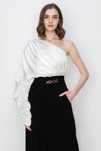 White Satin One Shoulder Shirring Blouse Top