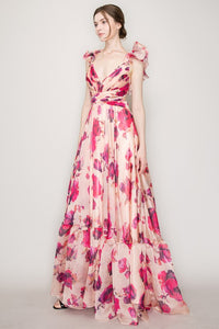 Apricot Organza Ruffle Shoulders Floral Tulle Maxi Dress