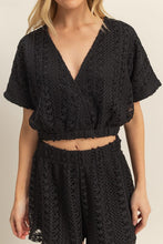 Black Set-Vneck Crochet Crop Top And Shorts Set